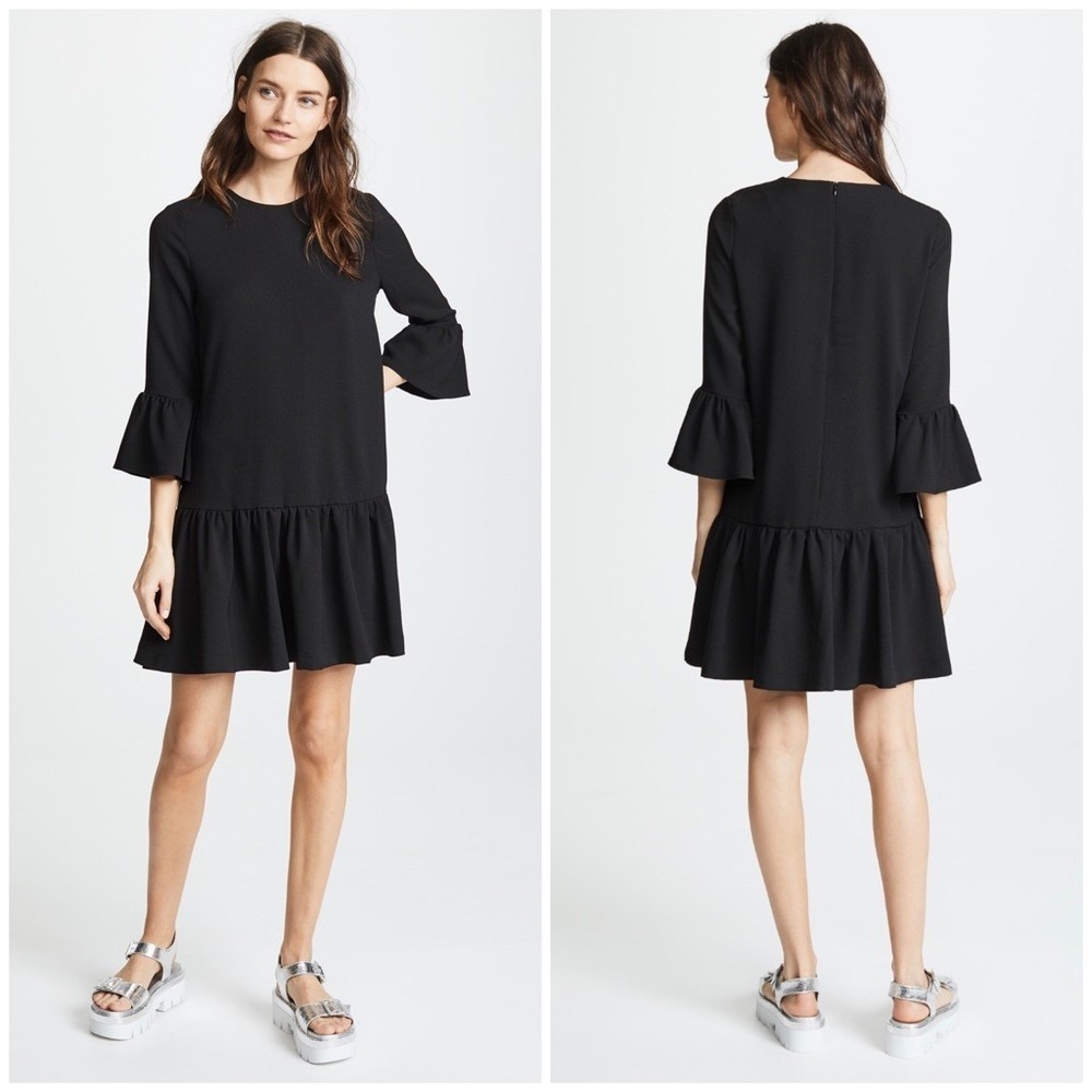 Ganni Clark Dress Black Ruffle Cuff Drop Waist Mini Crepe Size 36 (US 4)
